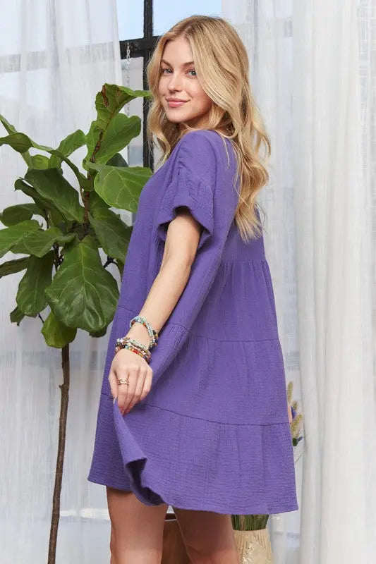 ADORA Tiered Notched Short Sleeve Dress-Very Besty