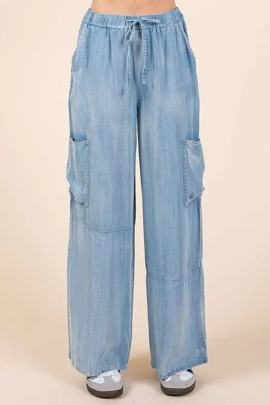 Mittoshop Washed Elastic Waist Cargo Wide Leg Pants-Very Besty