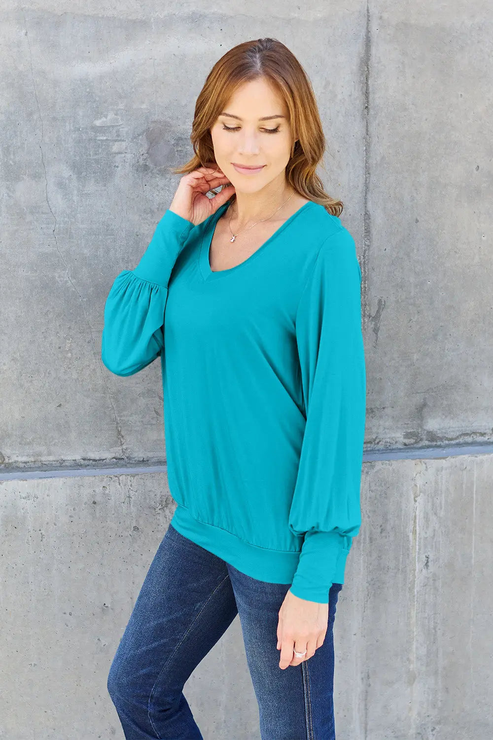 Basic Bae Full Size V-Neck Lantern Sleeve Top-Very Besty