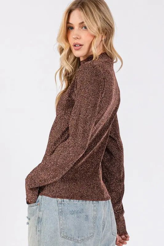 SAGE + FIG Glitter Mock Neck Lettuce Hem Long Sleeve Top-Very Besty