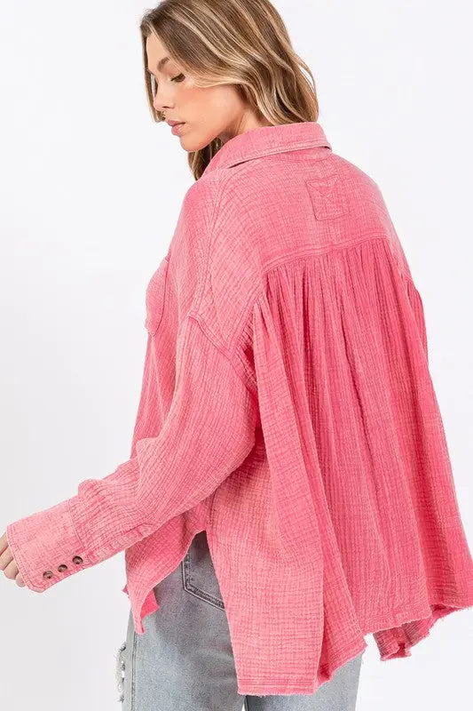 SAGE + FIG Frayed Hem Side Slit Button Down Shirt-Very Besty