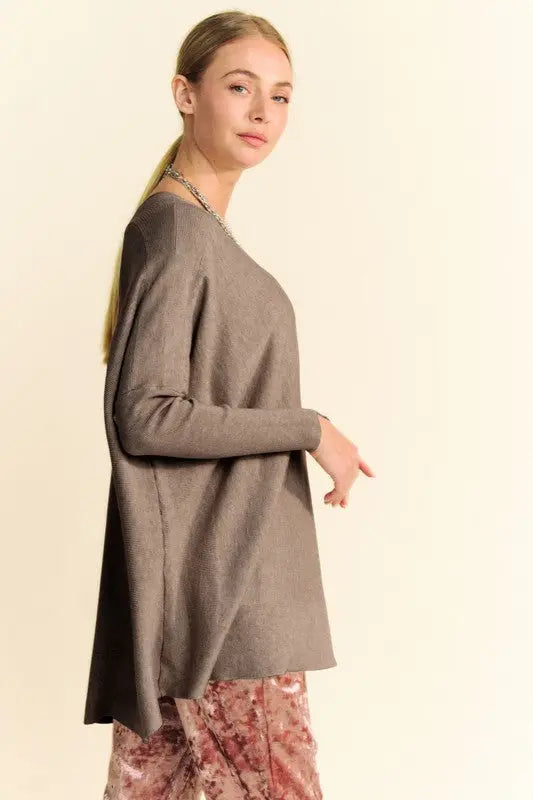 Davi & Dani Round Neck Dropped Shoulder Long Sleeve Knit Top-Very Besty