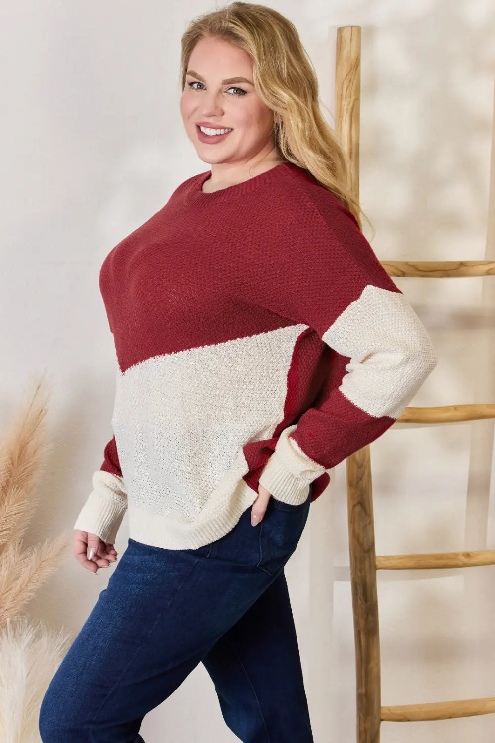 Hailey & Co Full Size Color Block Dropped Shoulder Knit Top-Very Besty