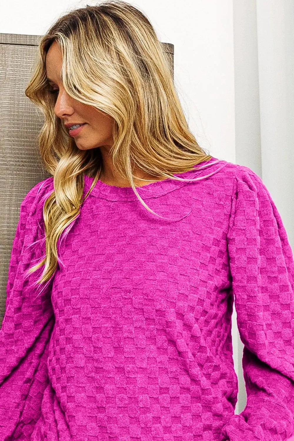 BiBi Round Neck Brushed Checker Top-Very Besty