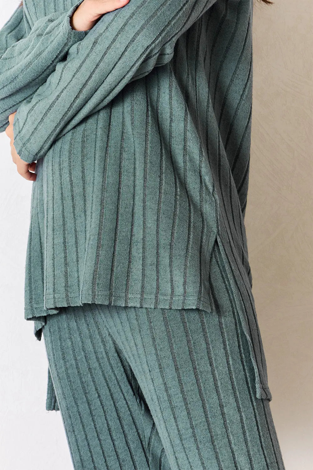 Basic Bae Full Size Ribbed Round Neck High-Low Slit Top and Pants Set-Very Besty