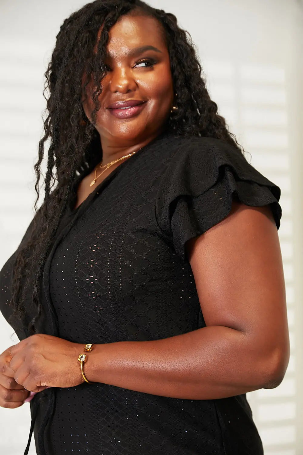 Mandy Eyelet Tie-Neck Flutter Sleeve Blouse-Very Besty