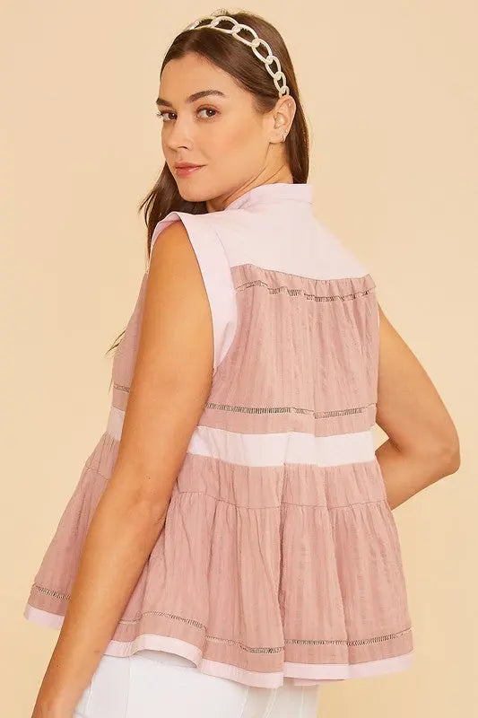 Annie Wear Contrast Trim Peplum Button Detail Blouse-Very Besty