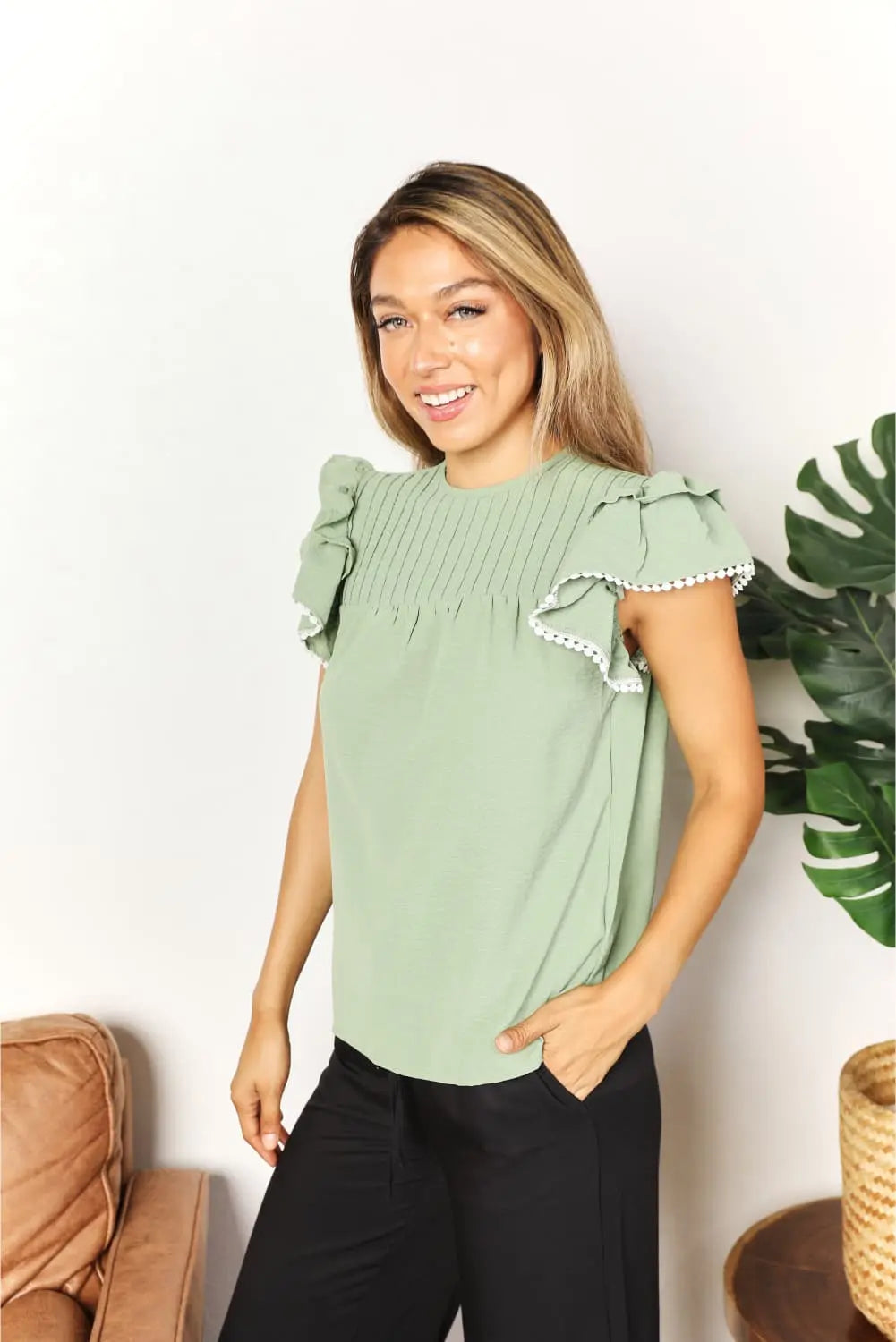 Perfee Pleated Detail Flutter Sleeve Blouse-Very Besty