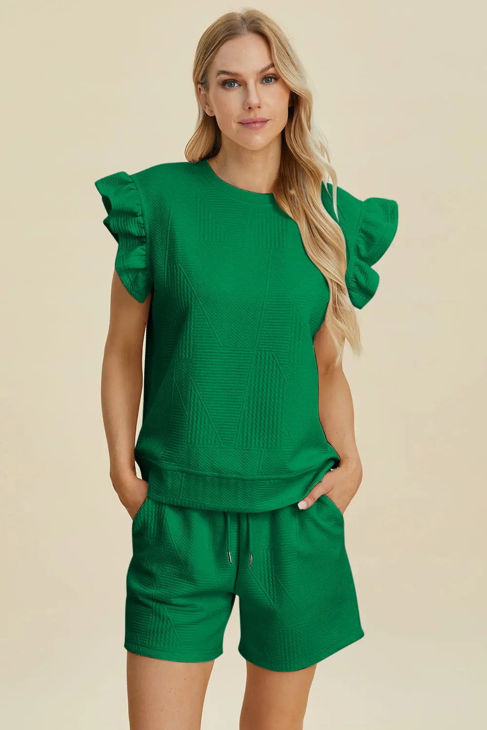 Double Take Full Size Texture Round Neck Ruffle Sleeve Top and Shorts Set-Very Besty