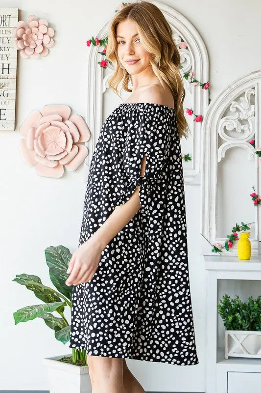 Heimish Full Size Short Sleeve Off Shoulder Animal Mini Dress Plus Size-Very Besty