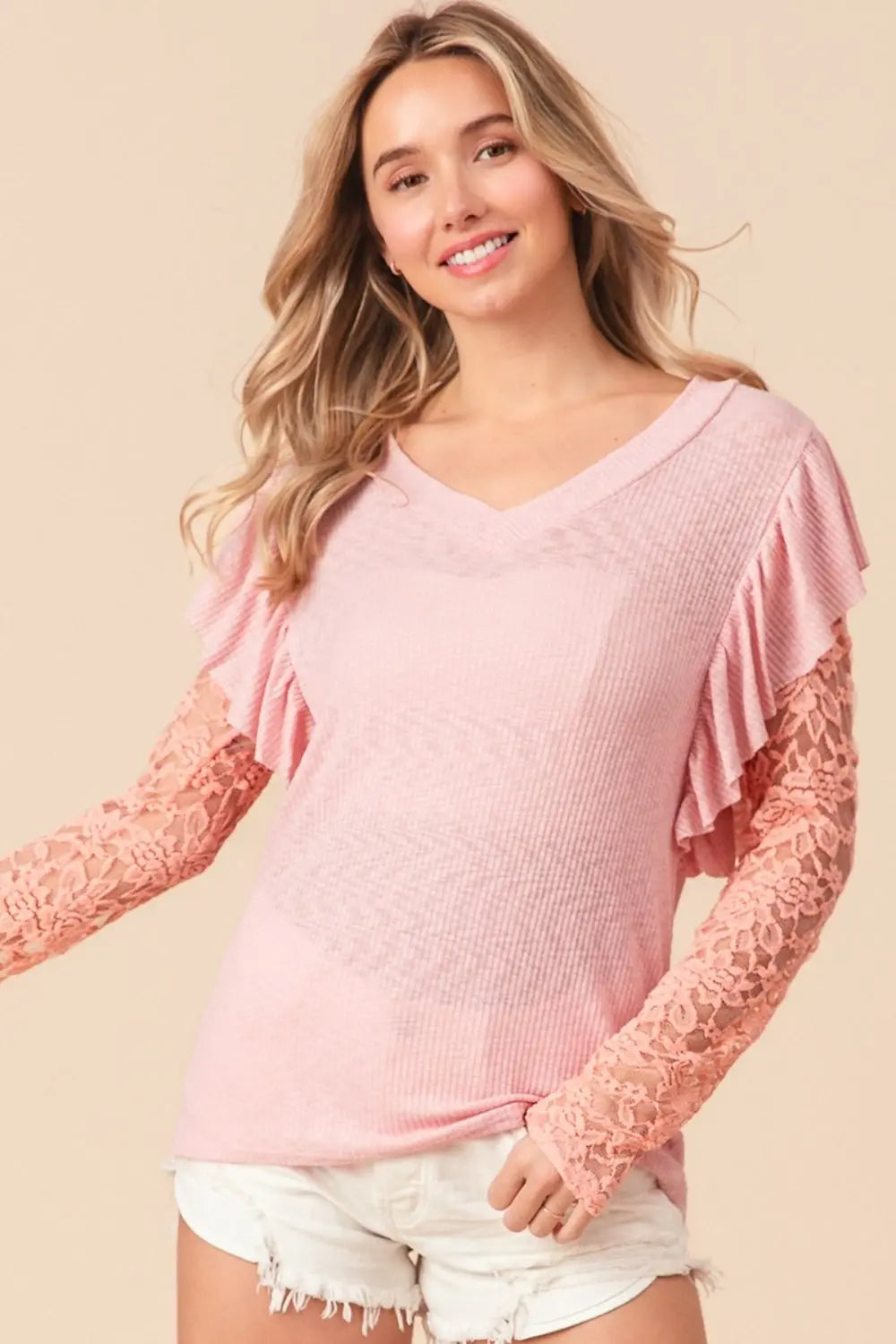 BiBi Ruffled Lace Sleeve Rib Knit Top-Very Besty