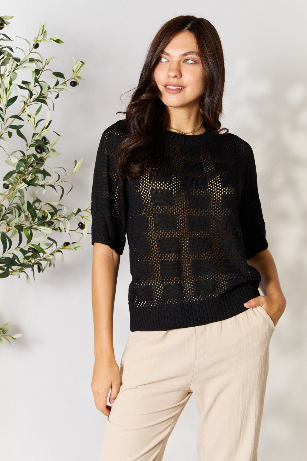 Mandy Ribbed Trim Round Neck Knit Top-Very Besty
