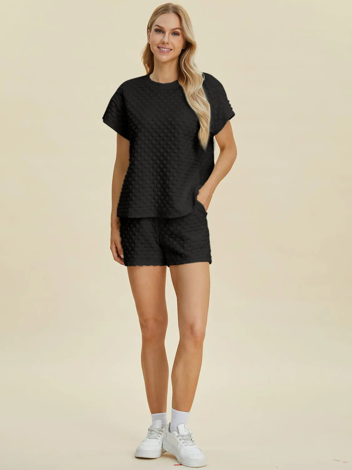 Double Take Full Size Texture T-Shirt and Shorts Set-Very Besty