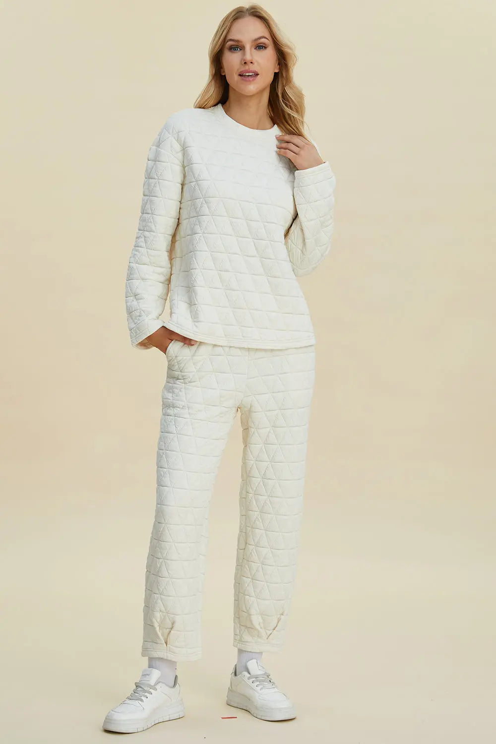 Double Take Full Size Texture Round Neck Long Sleeve Top and Pants Set-Very Besty