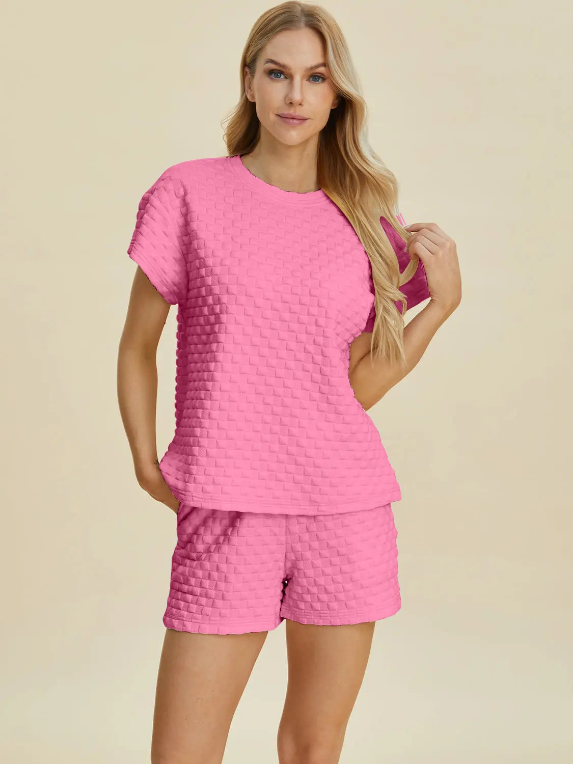 Double Take Full Size Texture T-Shirt and Shorts Set-Very Besty