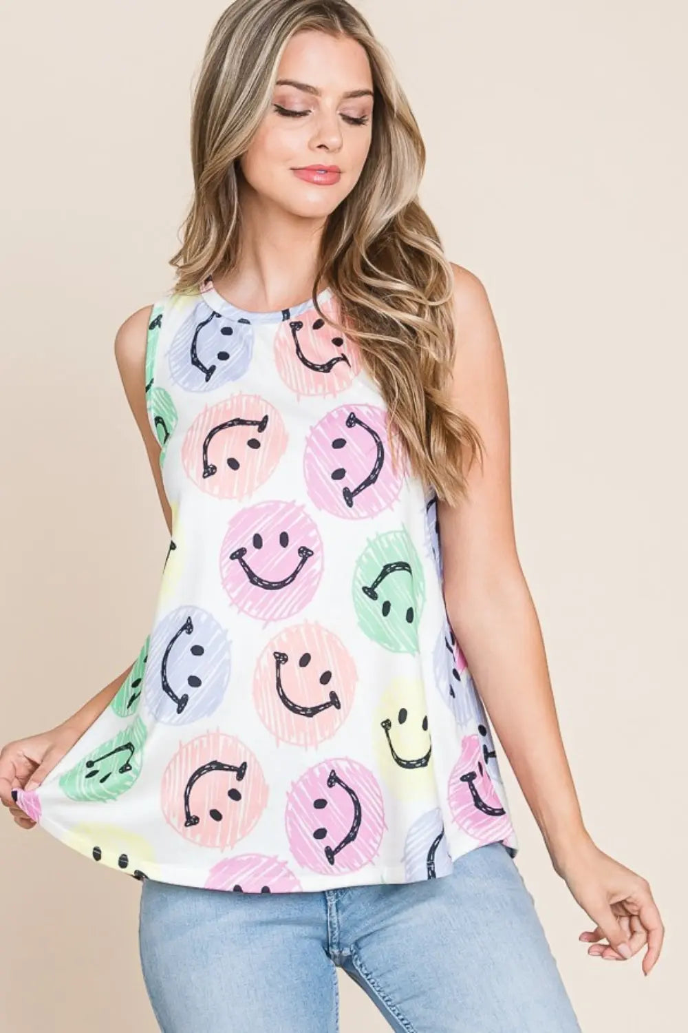 BOMBOM Smiley Face Round Neck Tank-Very Besty