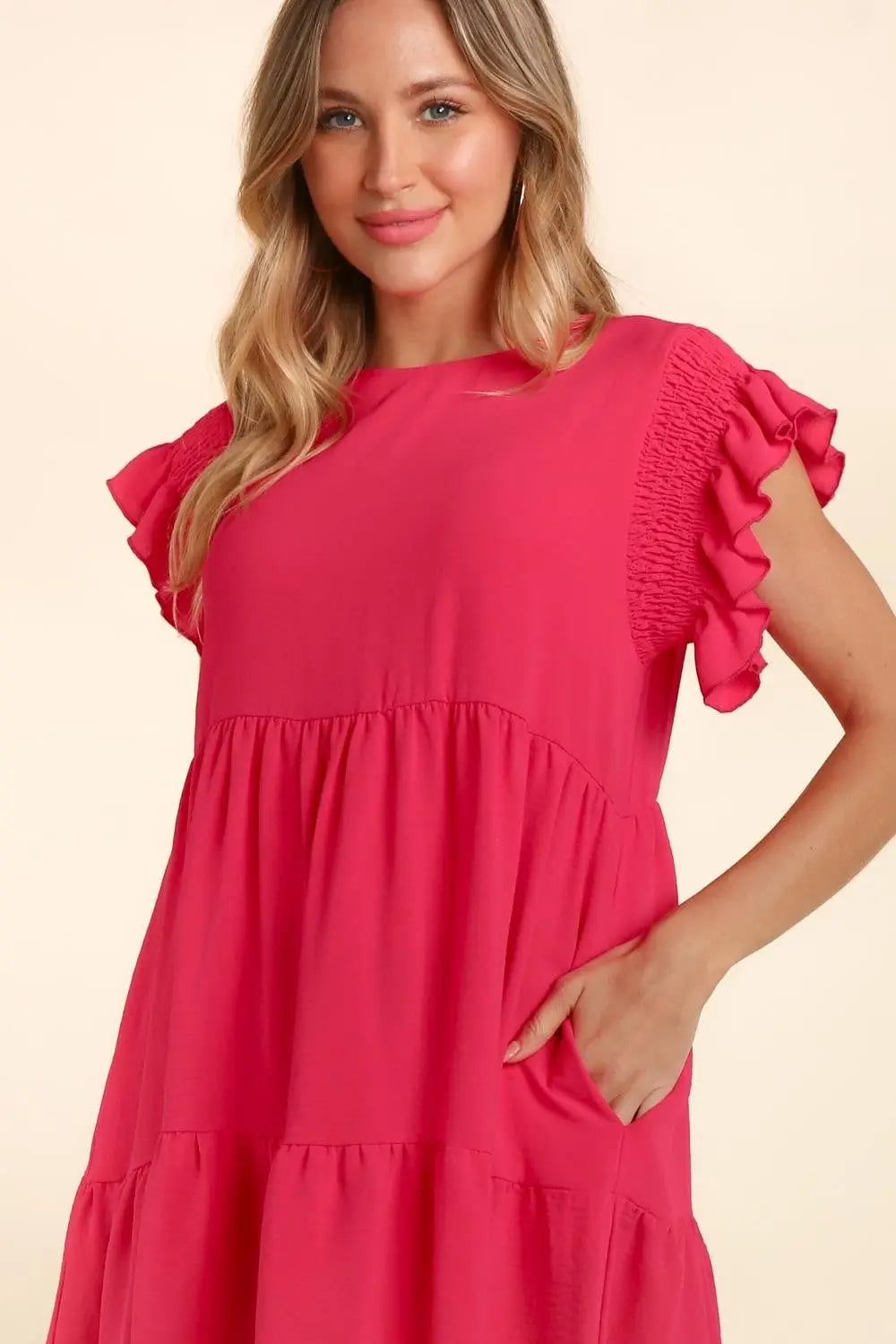Haptics Full Size Smocking Ruffle Short Sleeve Dress with Pockets-Very Besty