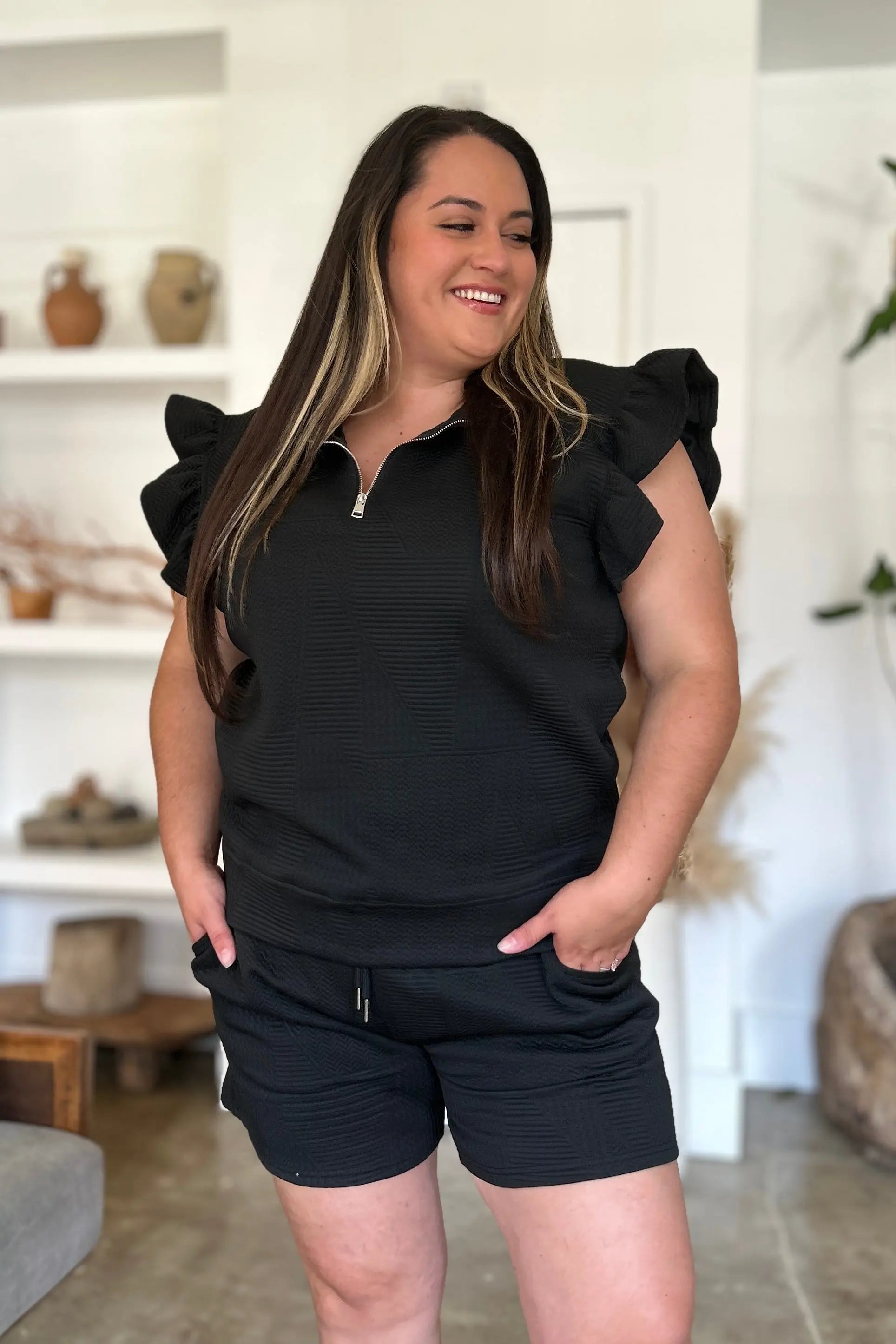 Double Take Full Size Texture Flounce Sleeve Top and Shorts Set-Very Besty