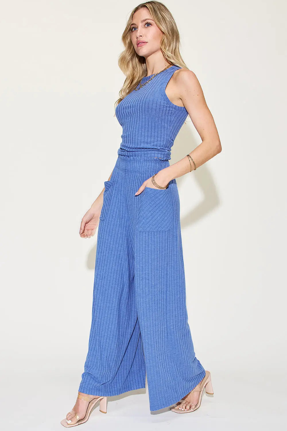 Basic Bae Full Size Ribbed Tank and Wide Leg Pants Set-Very Besty