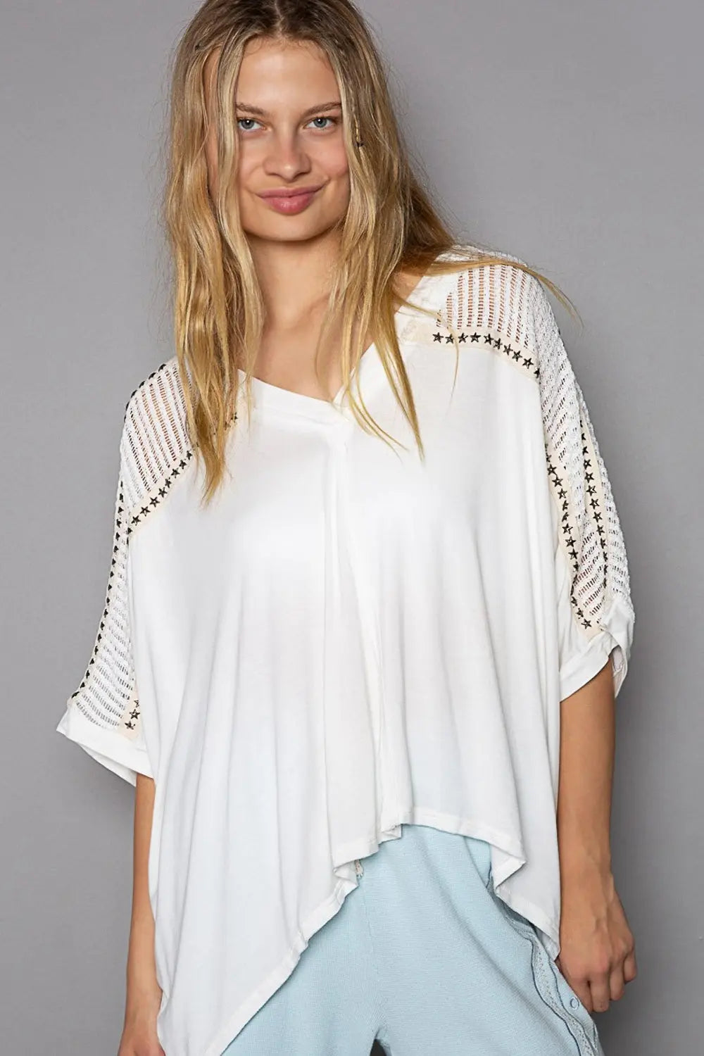 POL Oversize V-Neck Crochet Lace Contrast Studded Top-Very Besty
