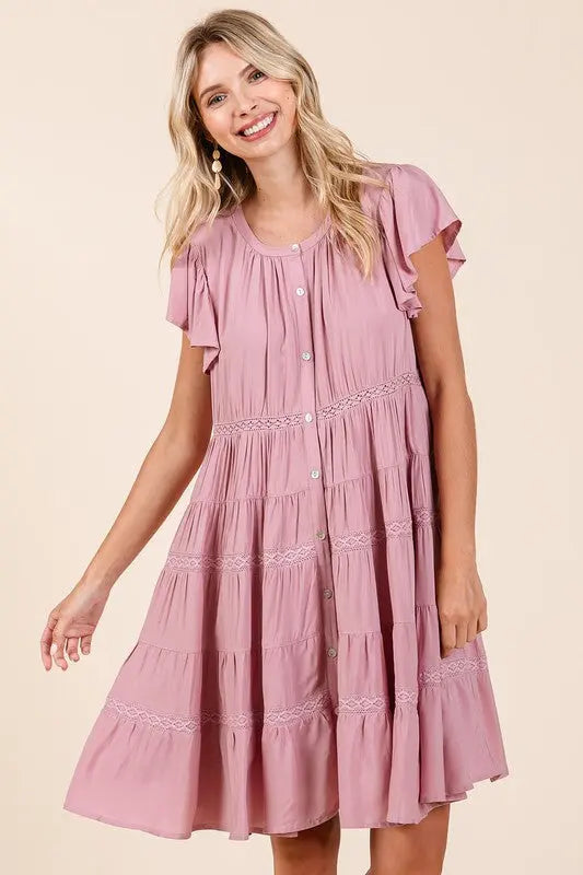 Mittoshop Lace Detail Ruffled Button Down Tiered Dress-Very Besty