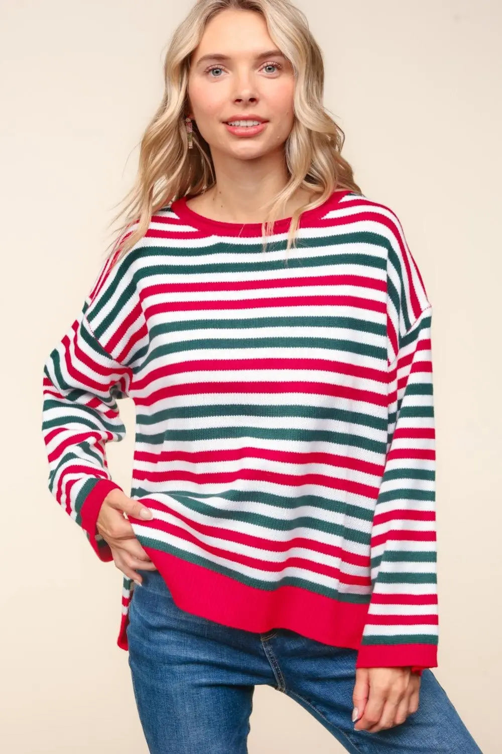 Haptics Full Size Striped Contrast Side Slit Knit Top-Very Besty