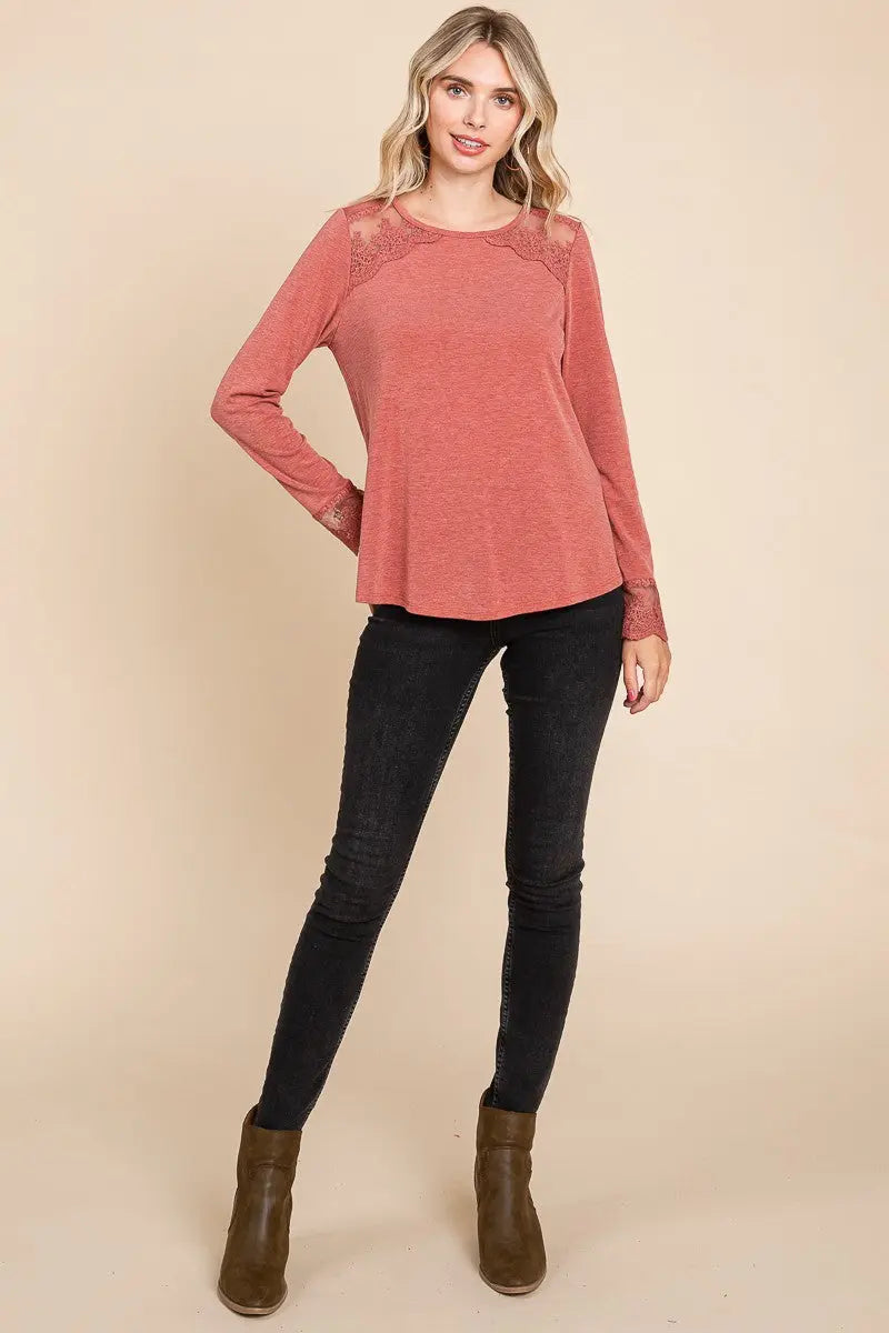 Super Lady Full Size Lace Detail Round Neck T-Shirt-Very Besty