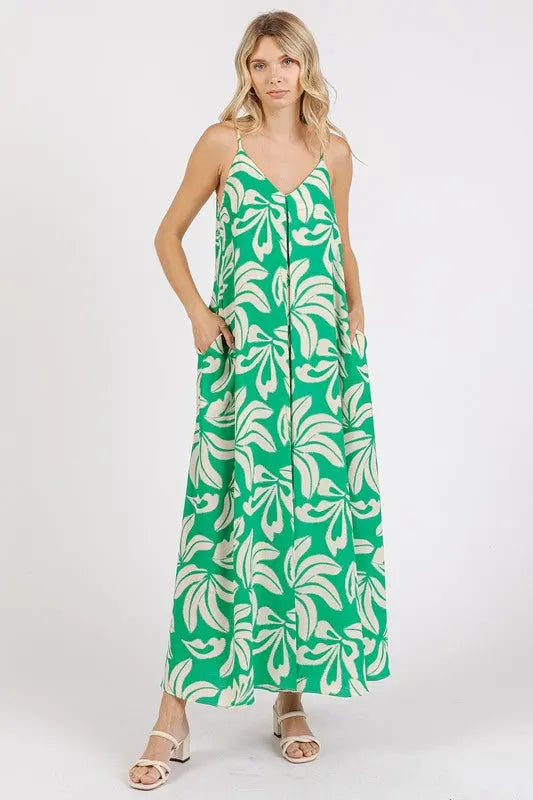 Mittoshop Printed V-Neck Maxi Cami Dress with Pockets-Very Besty