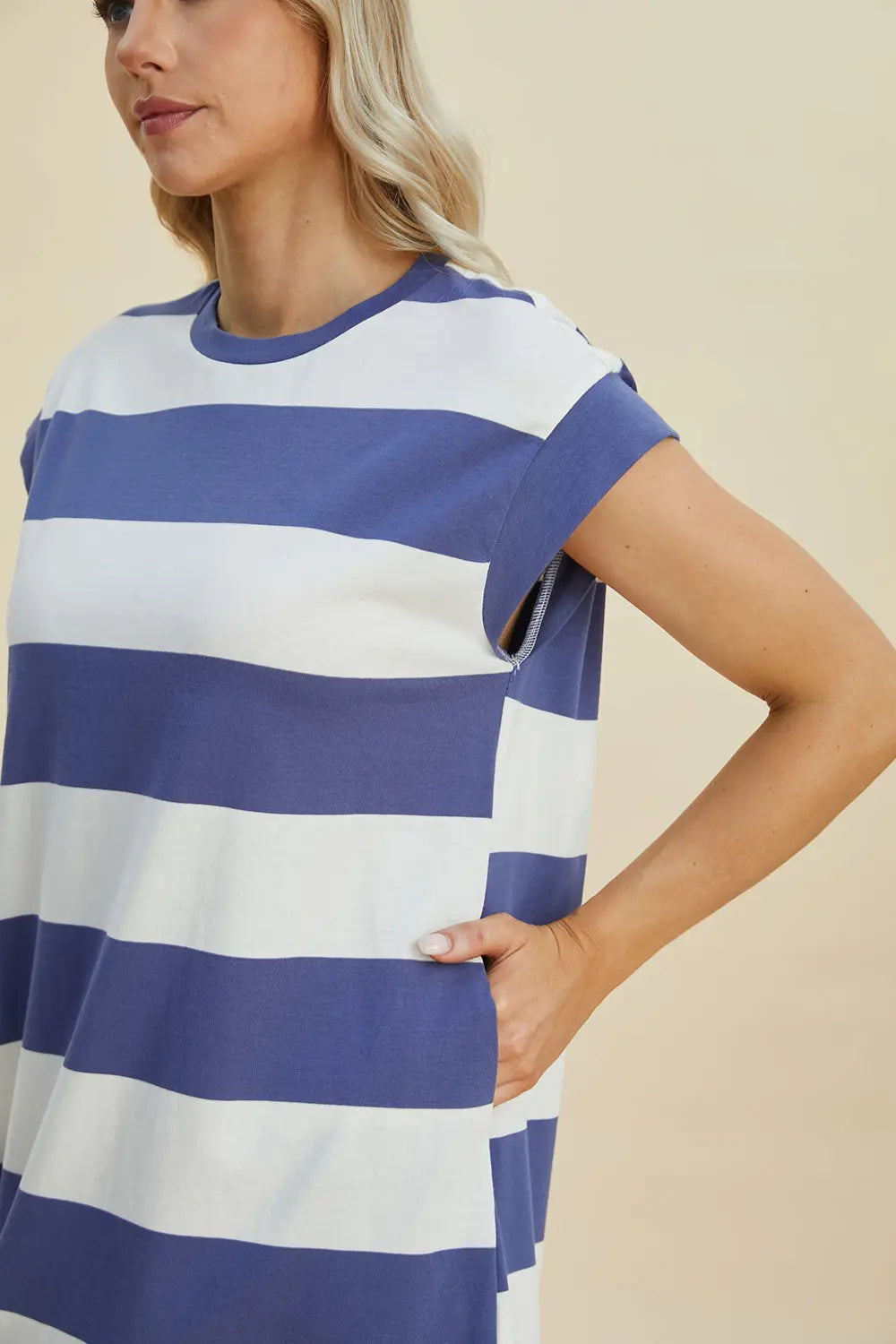 Basic Bae Full Size Striped Round Neck Cap Sleeve Mini Dress-Very Besty