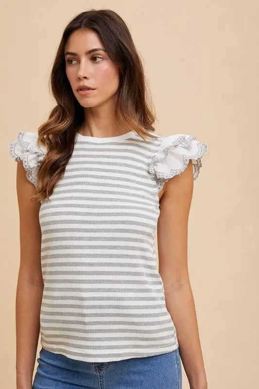 Annie Wear Ruffled Striped Round Neck Cap Sleeve Knit Top-Very Besty