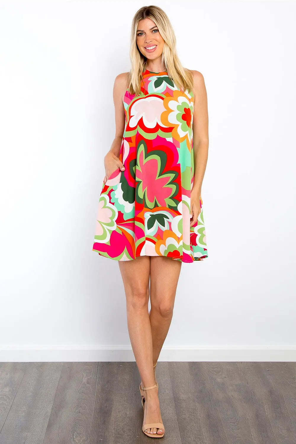 Be Stage Full Size Floral Sleeveless Mini Dress with Pockets-Very Besty