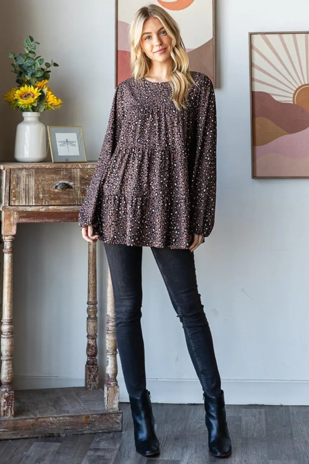Heimish Leopard Long Sleeve Tiered Blouse-Very Besty