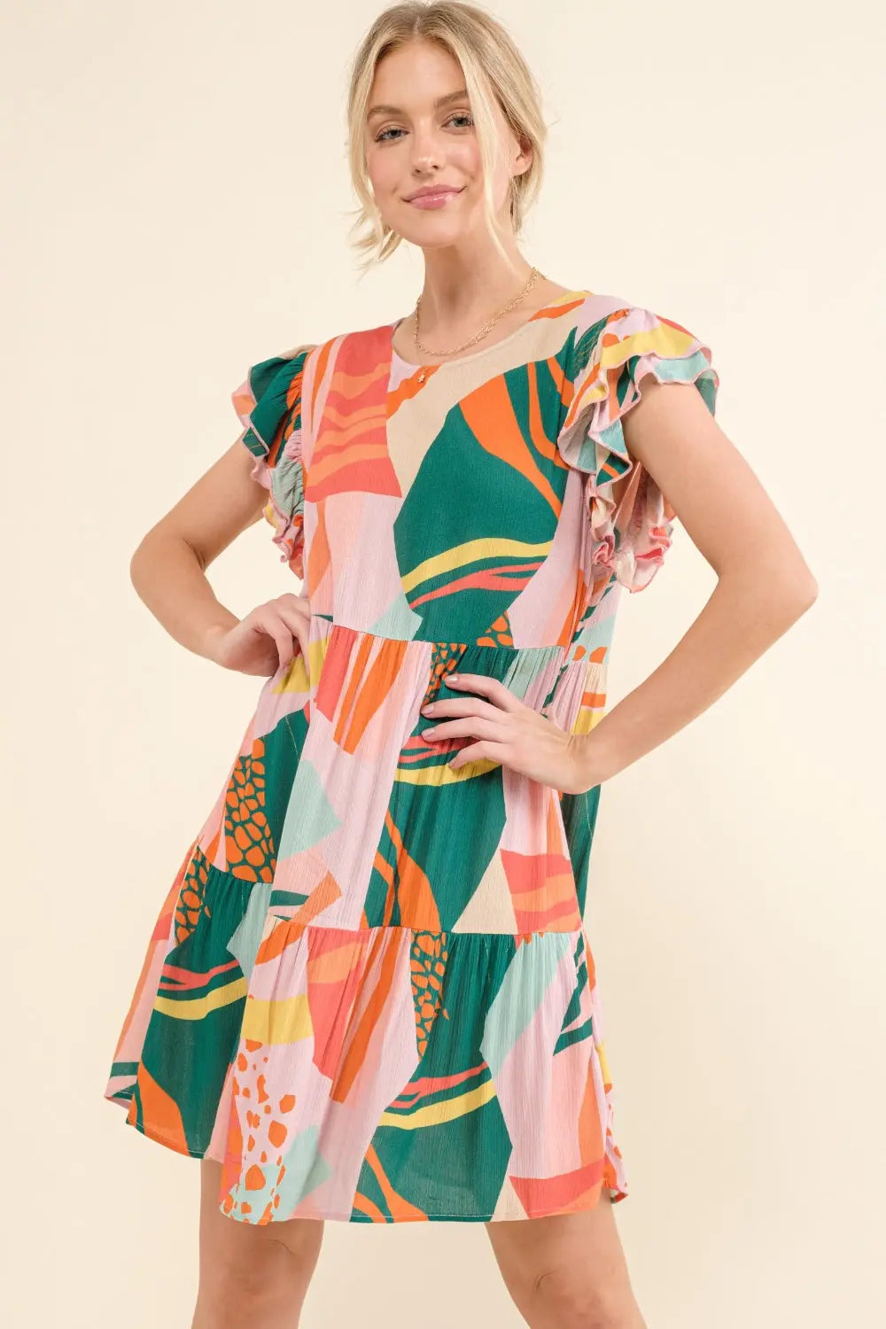 And The Why Printed Double Ruffle Sleeve Dress-Very Besty