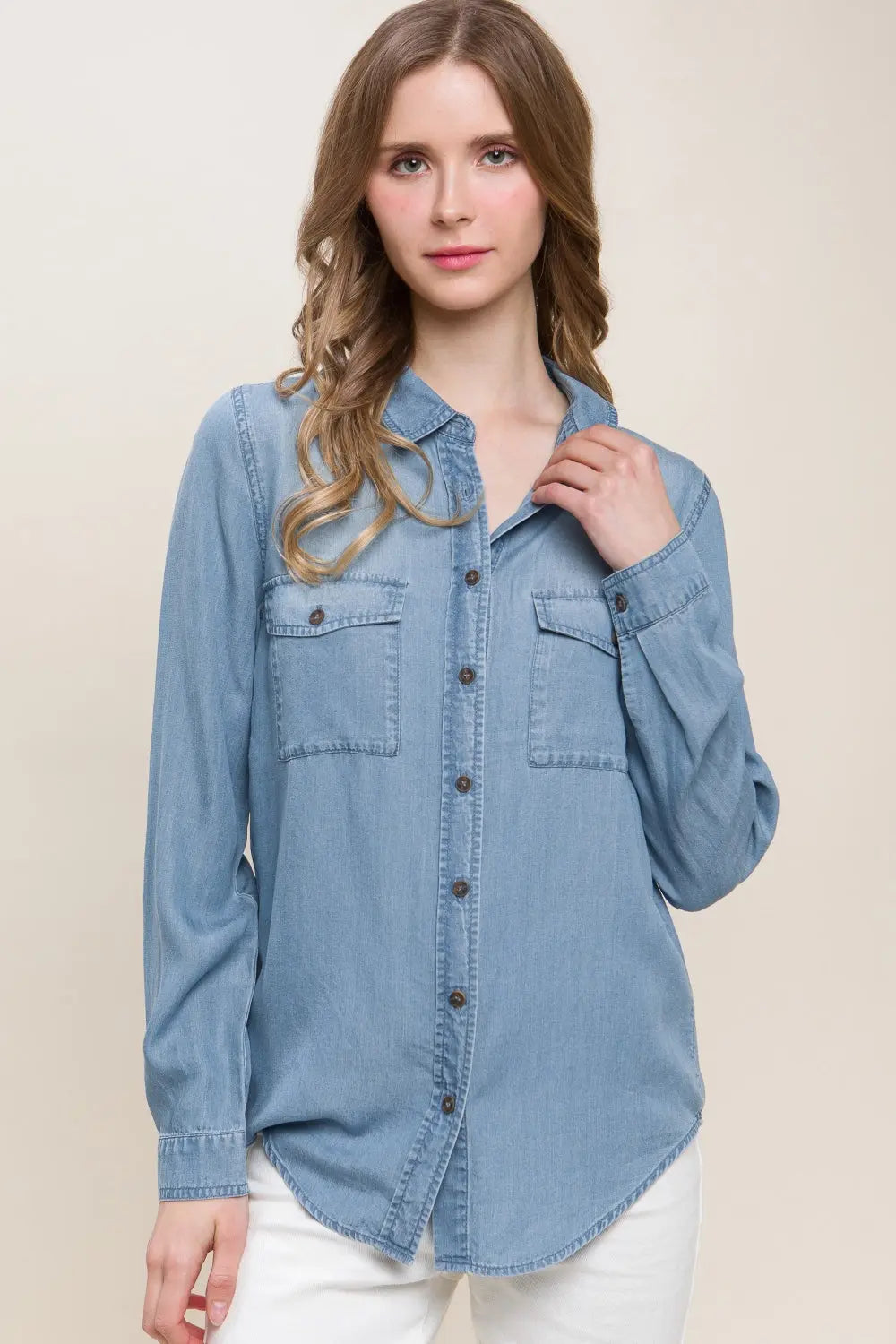 Love Tree Scooped Hem Button Up Denim Shirt-Very Besty