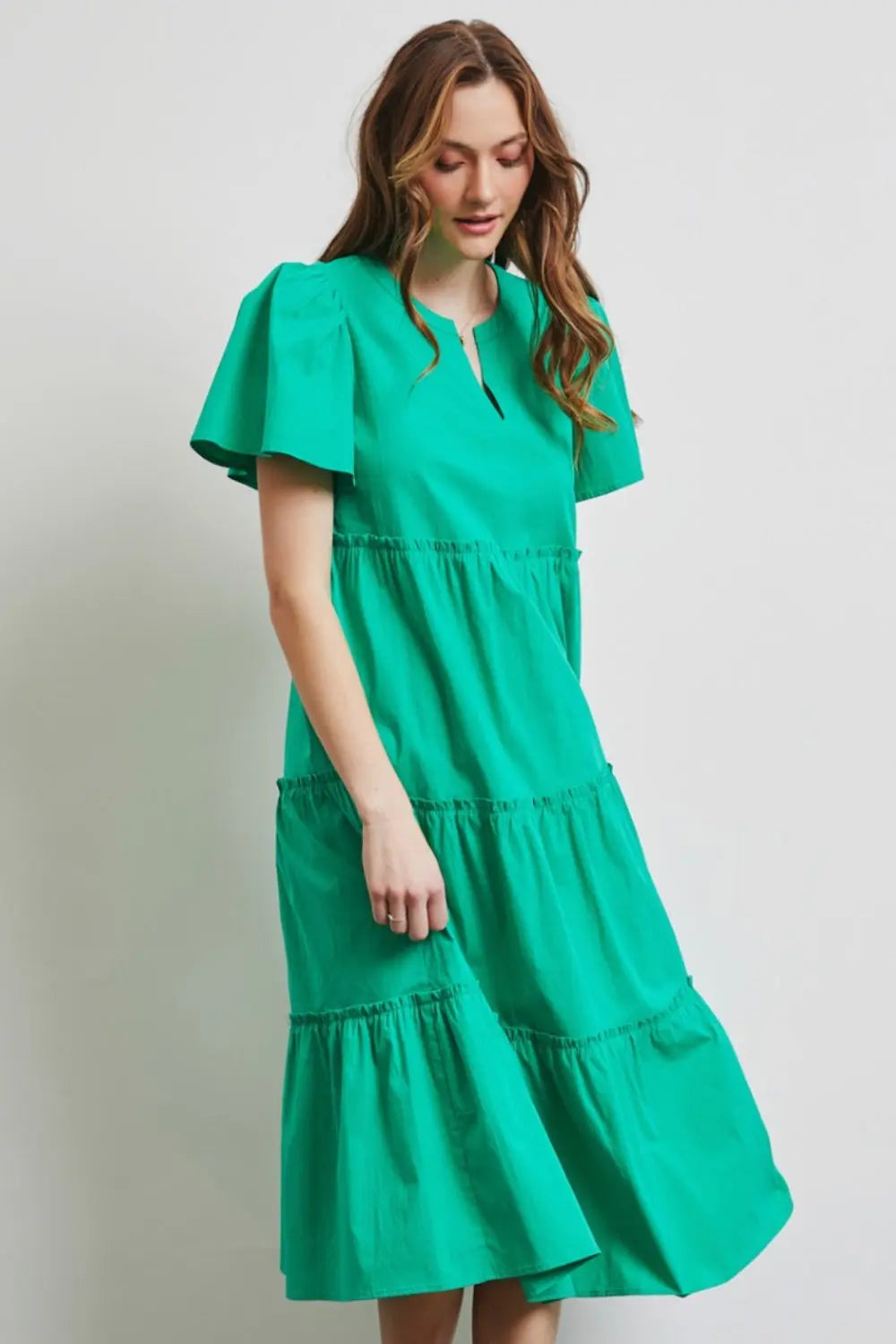 HEYSON Full Size Cotton Poplin Ruffled Tiered Midi Dress-Very Besty