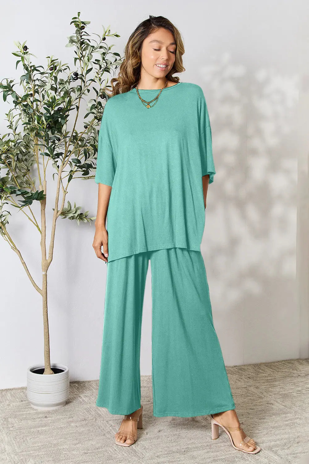 Double Take Full Size Round Neck Slit Top and Pants Set-Very Besty
