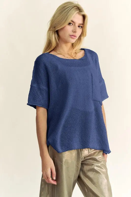 Davi & Dani High-Low Round Neck Knit Top-Very Besty