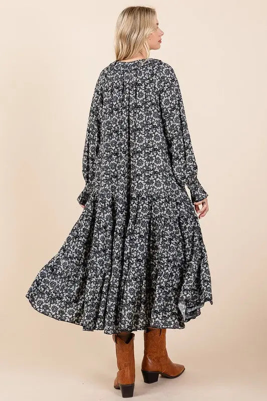 Mittoshop Printed Tie Neck Flounce Sleeve Midi Dress-Very Besty