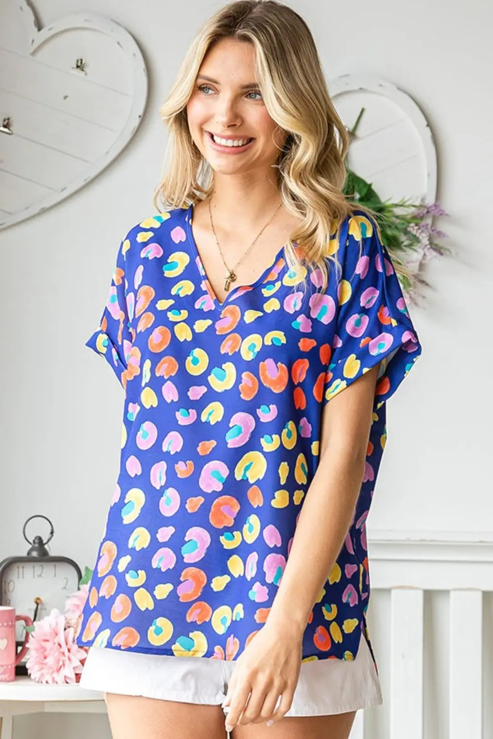 First Love Printed V-Neck Short Sleeve Blouse-Very Besty