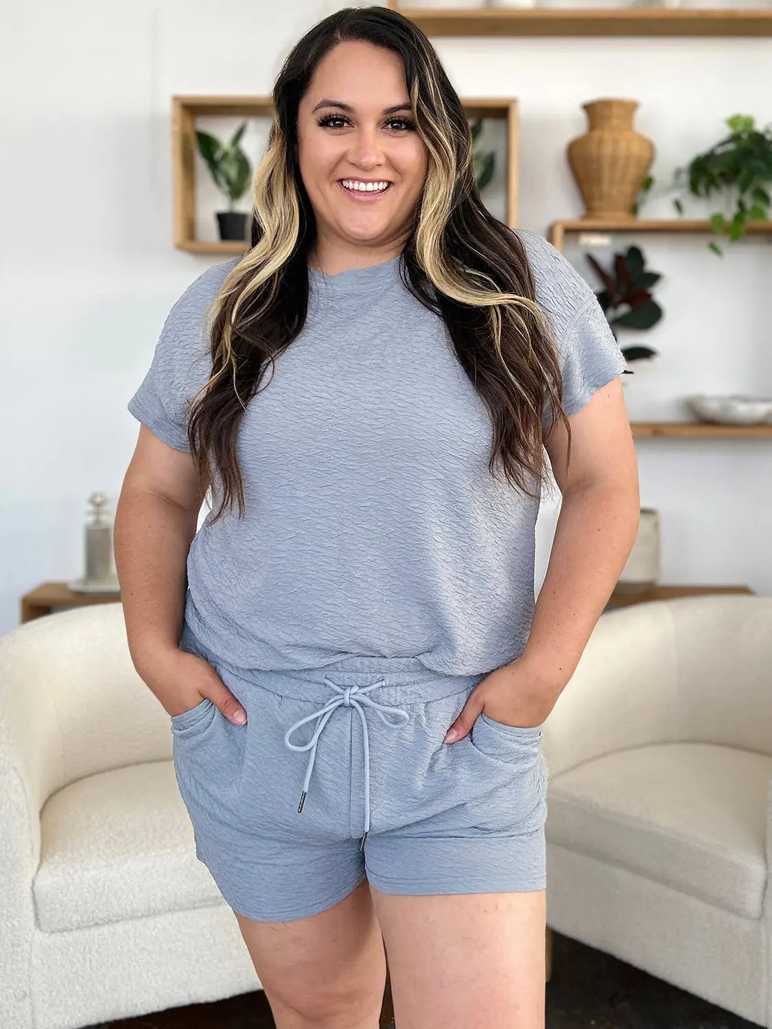 Double Take Full Size Texture Short Sleeve T-Shirt and Drawstring Shorts Set-Very Besty