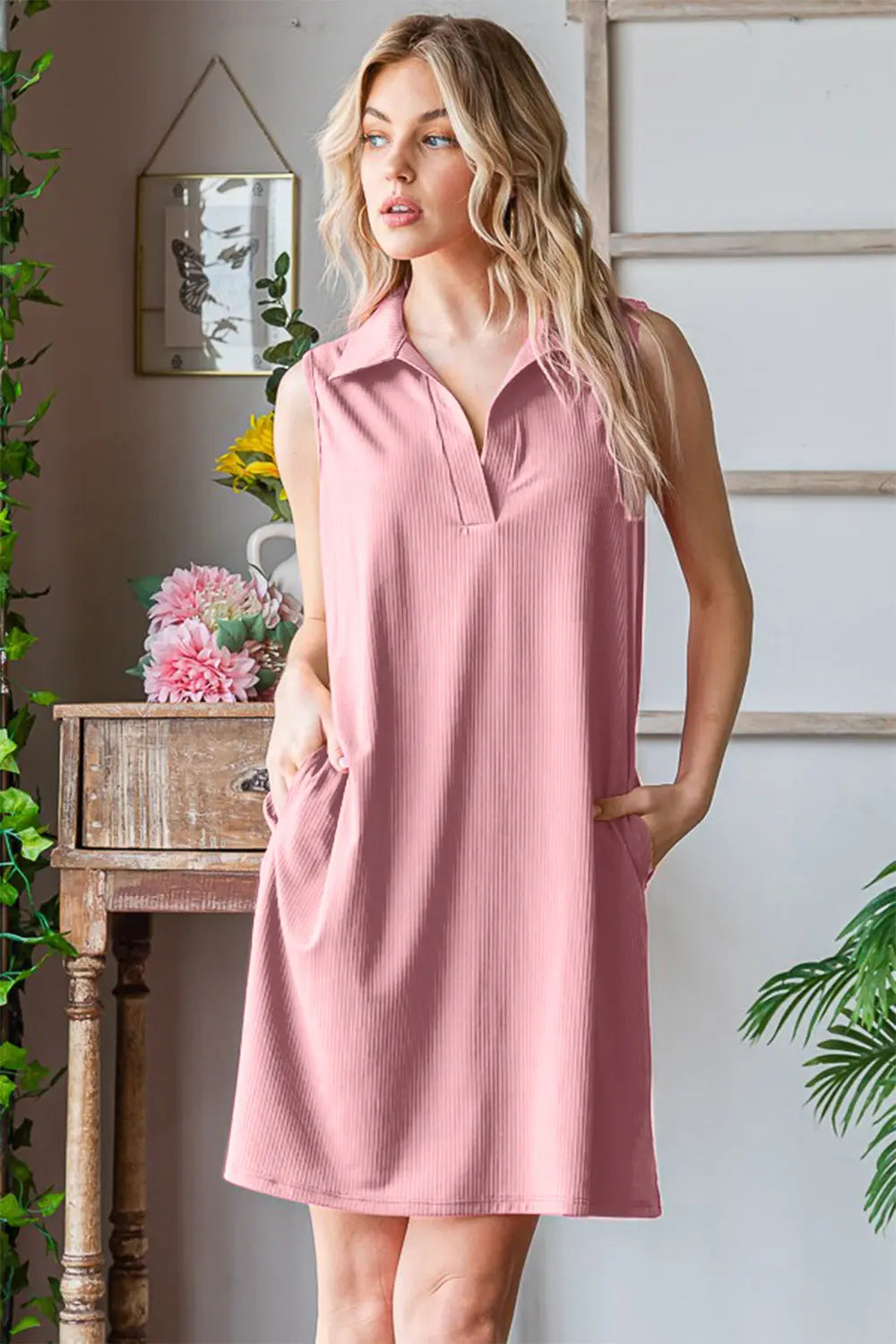 Heimish Full Size Ribbed Johnny Collar Sleeveless Dress-Very Besty
