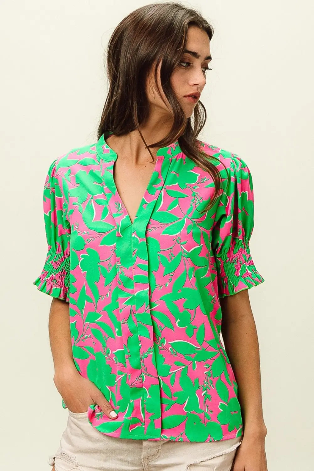 BiBi Smocked Cuff Floral Contrast Top-Very Besty