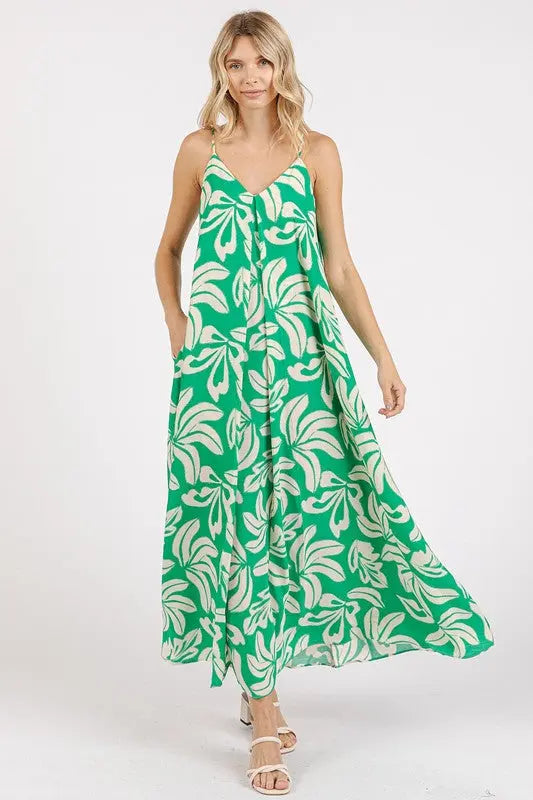 Mittoshop Printed V-Neck Maxi Cami Dress with Pockets-Very Besty