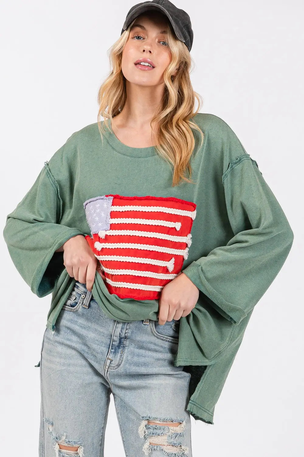 SAGE + FIG Full Size American Flag Patch Drop Shoulder T-Shirt-Very Besty