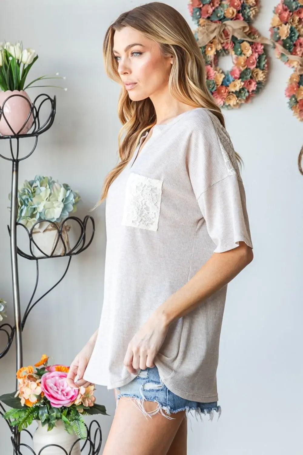 Heimish Full Size Lace Front Pocket Drop Shoulder Top-Very Besty