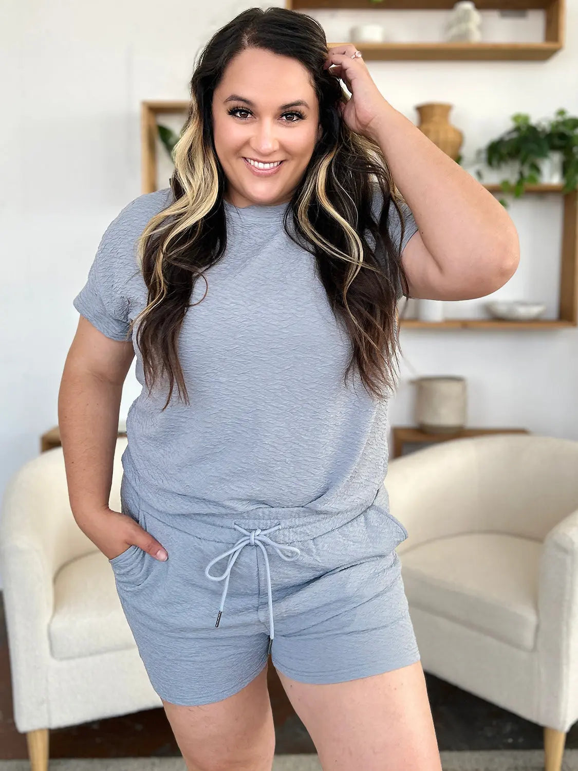 Double Take Full Size Texture Short Sleeve T-Shirt and Drawstring Shorts Set-Very Besty