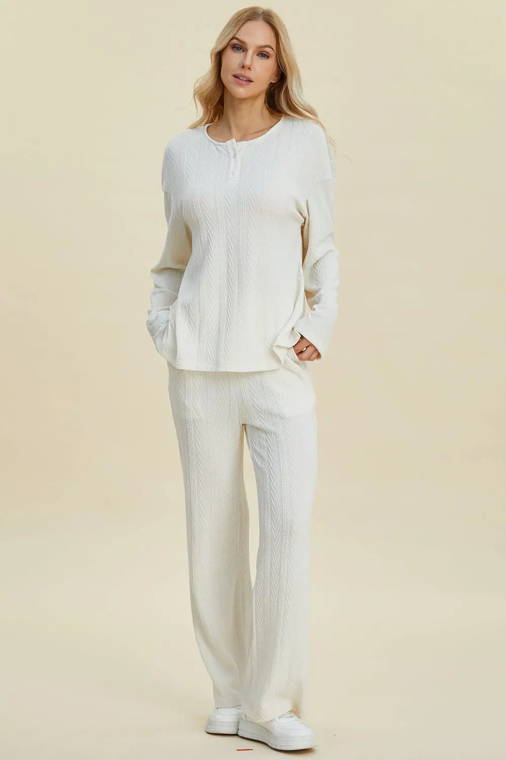 Double Take Full Size Cable-Knit Long Sleeve Top and Pants Set-Very Besty
