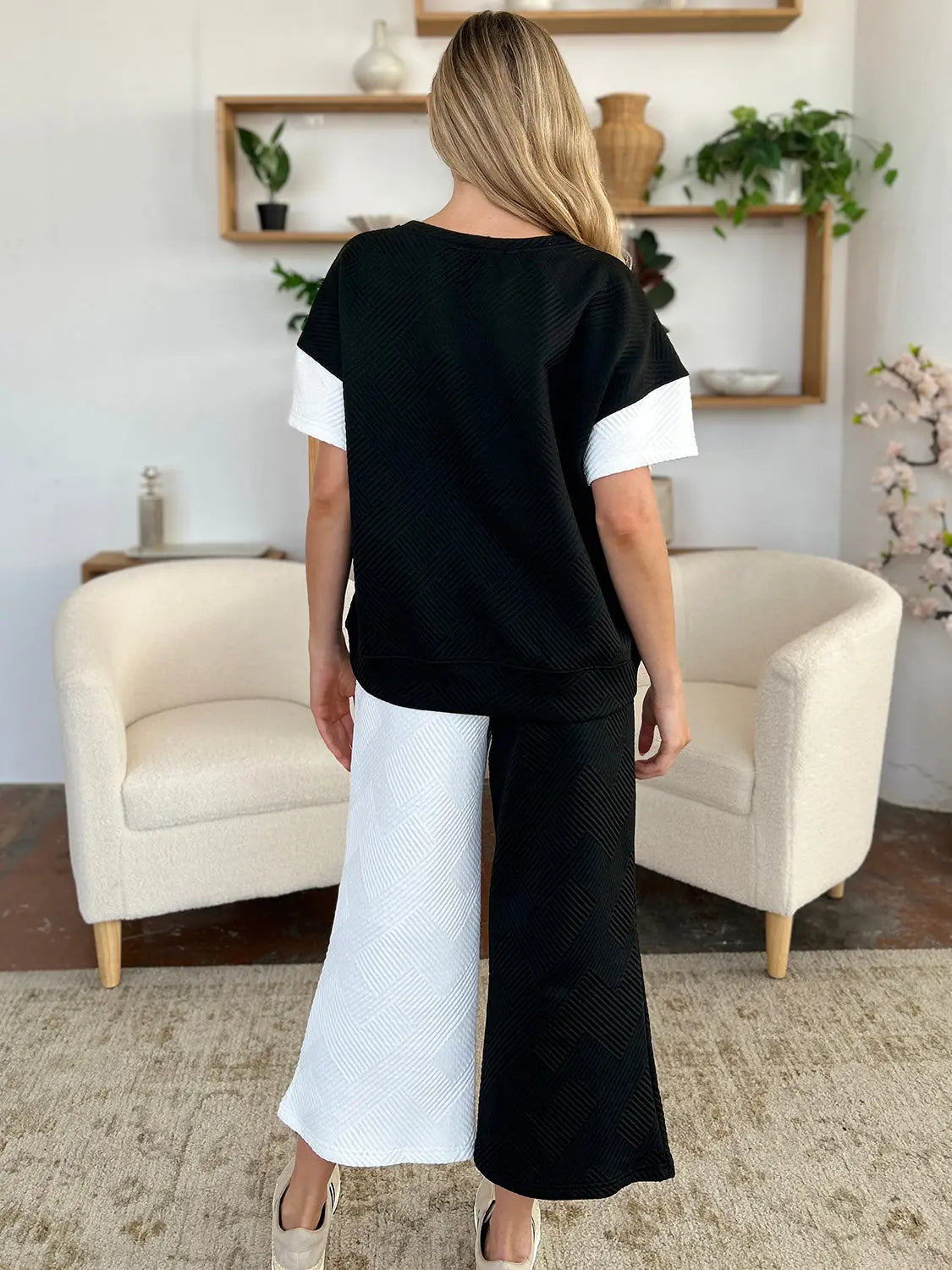 Double Take Full Size Texture Contrast T-Shirt and Wide Leg Pants Set-Very Besty