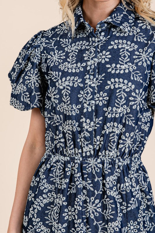 GeeGee Natural Leaf Pattern Eyelet Lace Puff Sleeve Dress-Very Besty