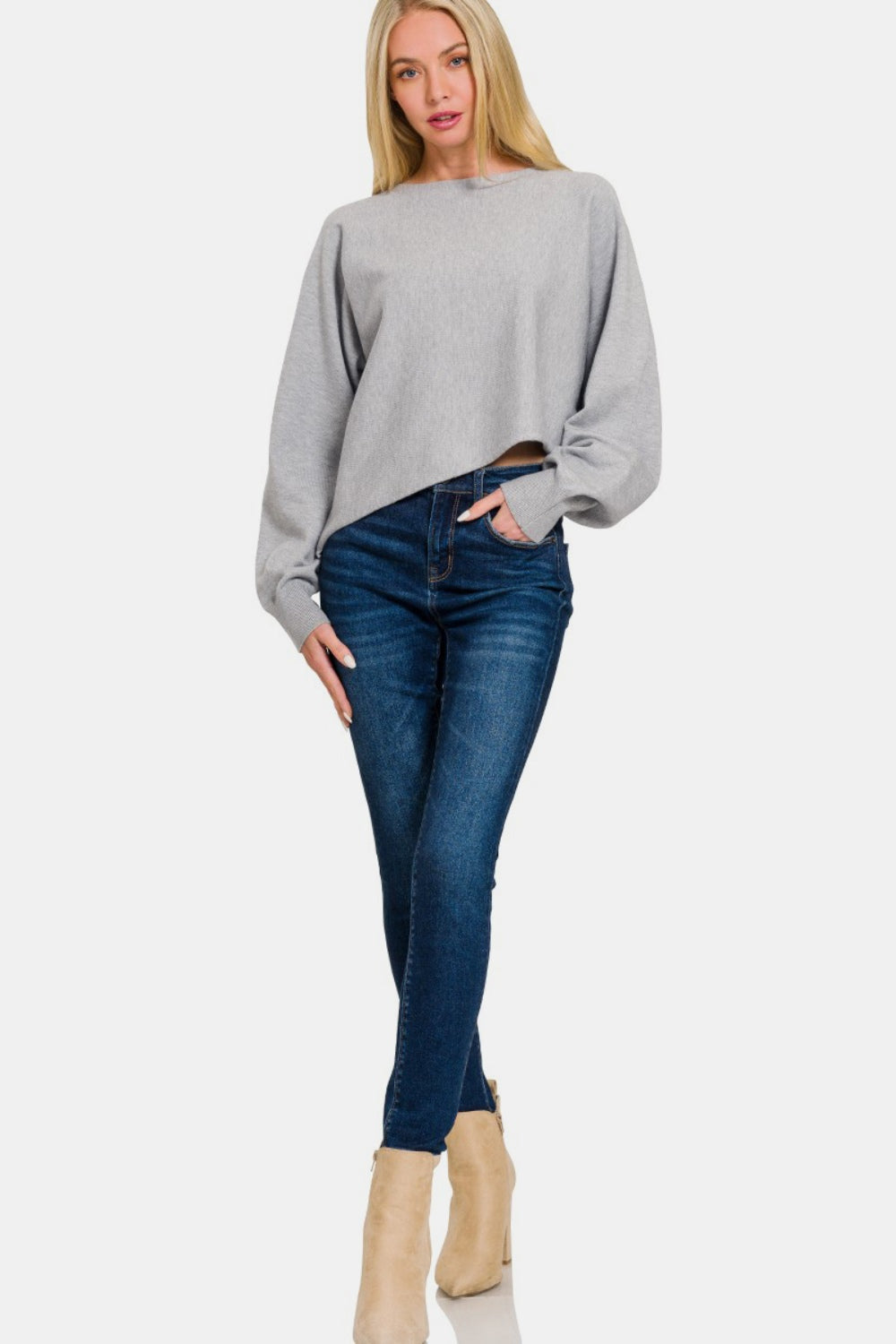 Zenana Asymmetric Hem Long Sleeve Sweater-Very Besty